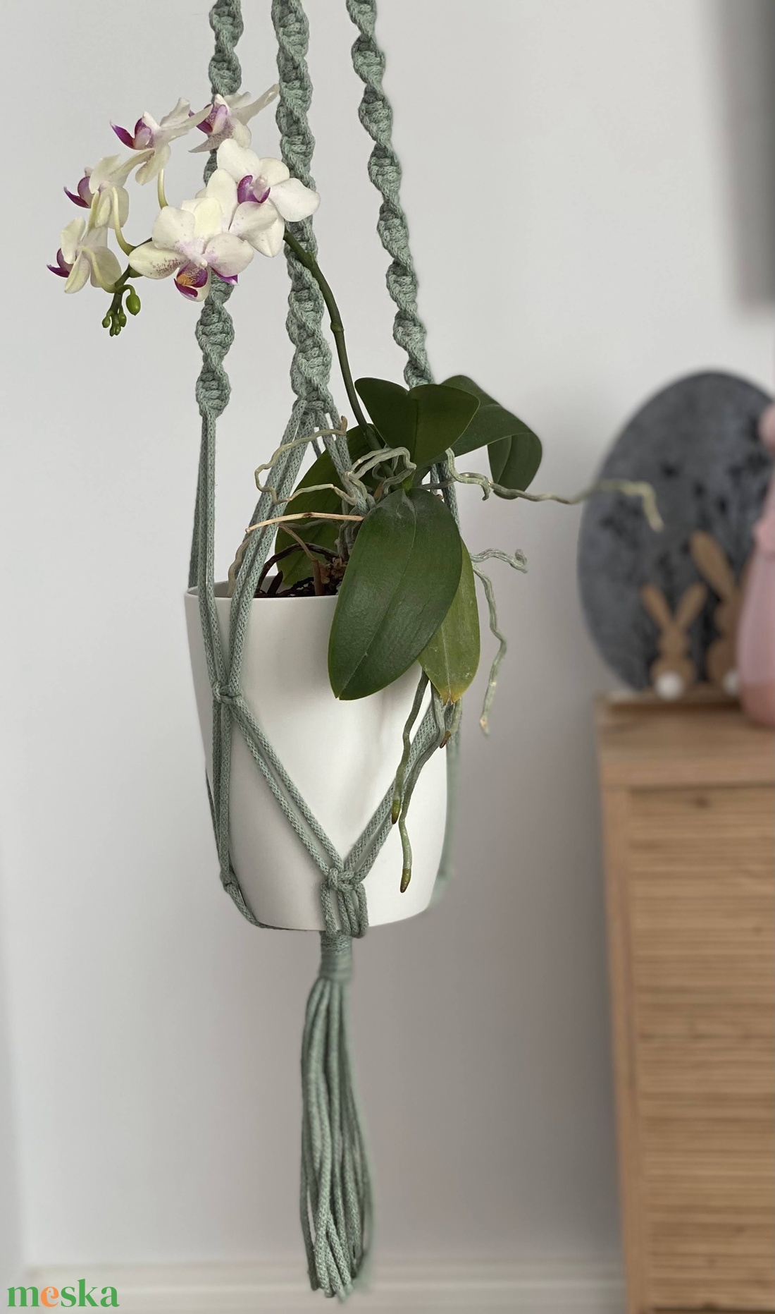 Virágtartó, makramé, almazöld színű - otthon & életmód - virágdekoráció - virágtartó - függő virágtartó - Meska.hu