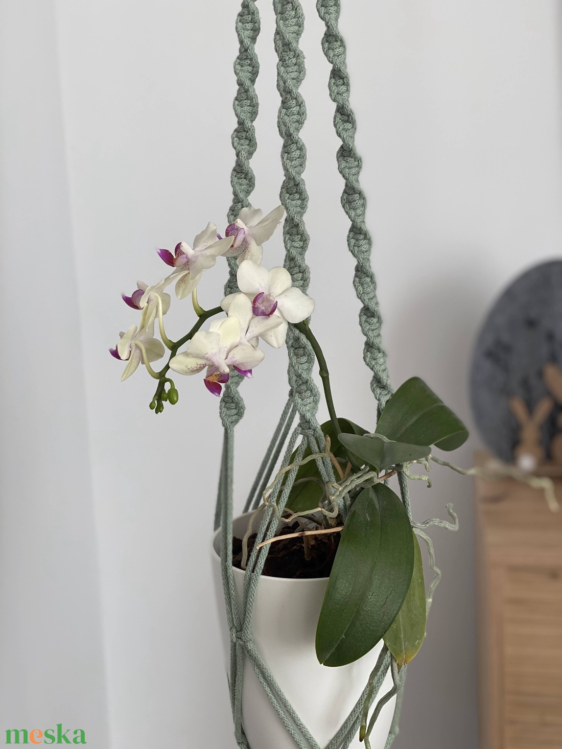 Virágtartó, makramé, almazöld színű - otthon & életmód - virágdekoráció - virágtartó - függő virágtartó - Meska.hu