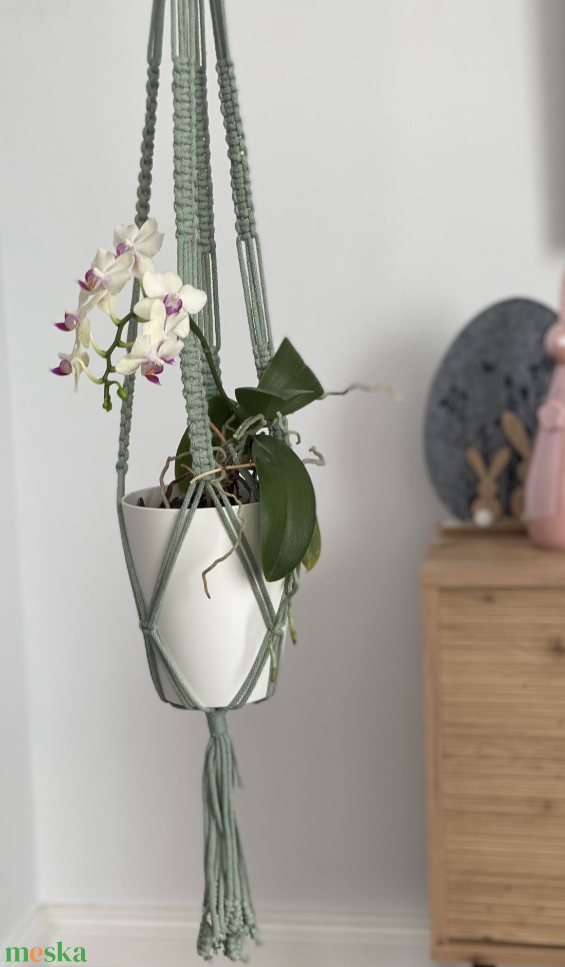 Virágtartó, makramé, almazöld színű - otthon & életmód - virágdekoráció - virágtartó - függő virágtartó - Meska.hu