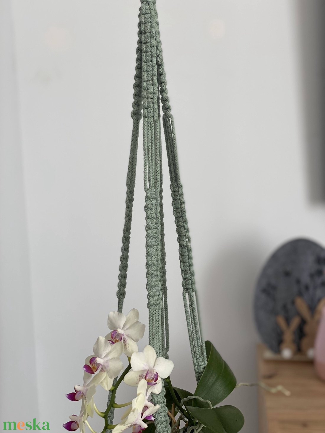 Virágtartó, makramé, almazöld színű - otthon & életmód - virágdekoráció - virágtartó - függő virágtartó - Meska.hu