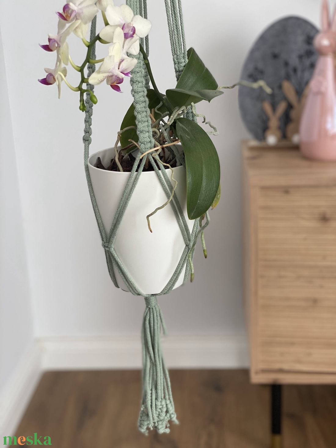 Virágtartó, makramé, almazöld színű - otthon & életmód - virágdekoráció - virágtartó - függő virágtartó - Meska.hu