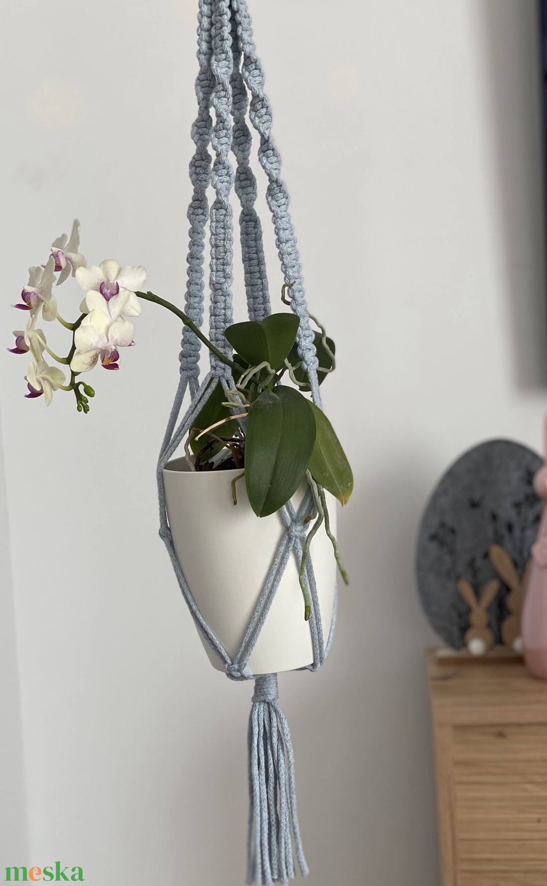 Virágtartó, makramé, kék színű - otthon & életmód - virágdekoráció - virágtartó - függő virágtartó - Meska.hu