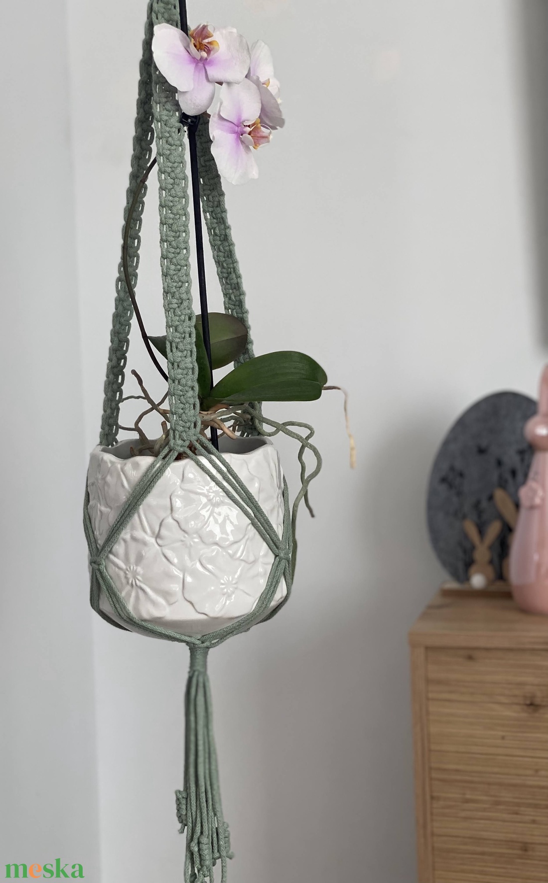 Virágtartó, makramé, almazöd színű - otthon & életmód - virágdekoráció - virágtartó - függő virágtartó - Meska.hu