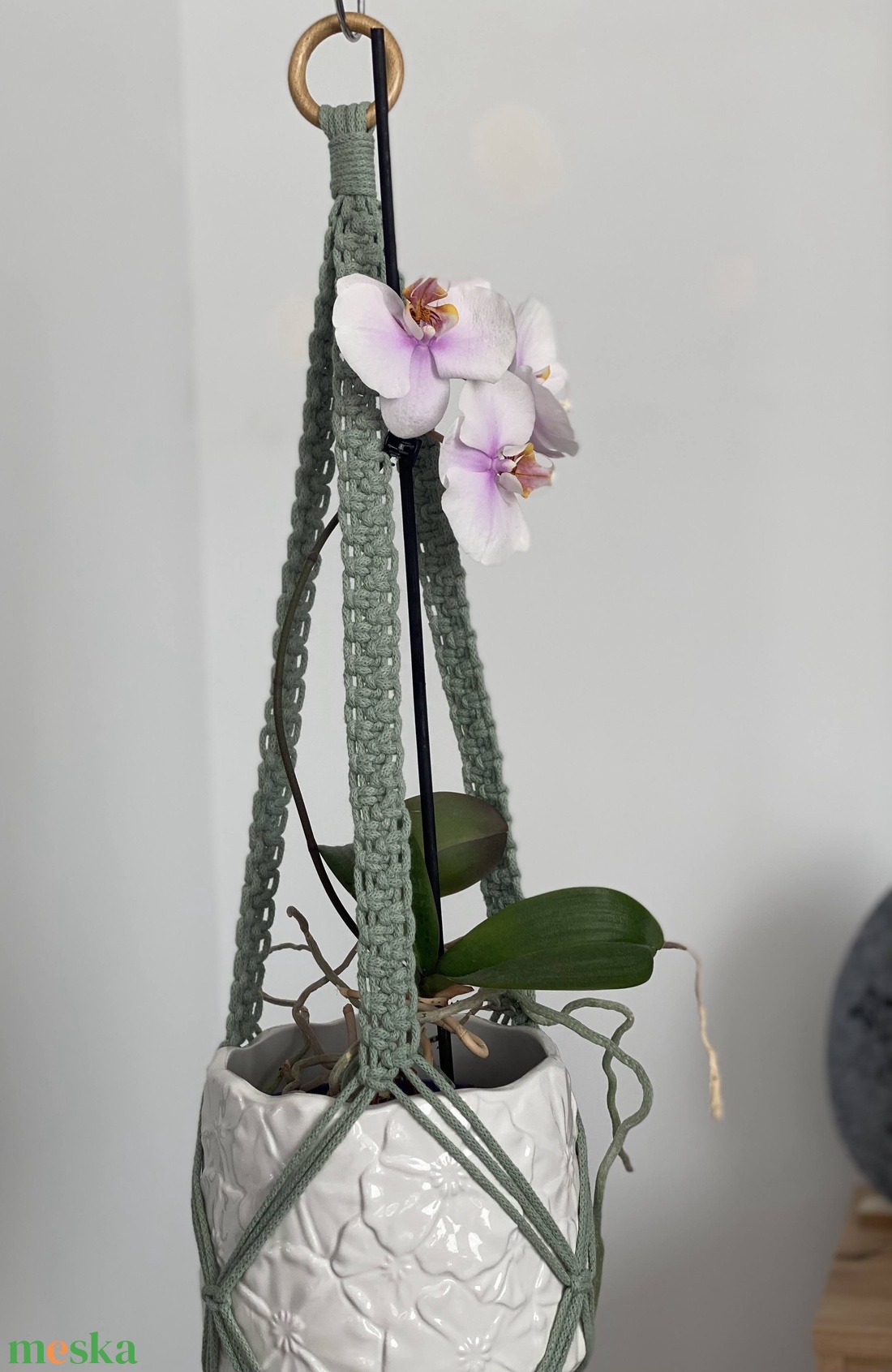 Virágtartó, makramé, almazöd színű - otthon & életmód - virágdekoráció - virágtartó - függő virágtartó - Meska.hu
