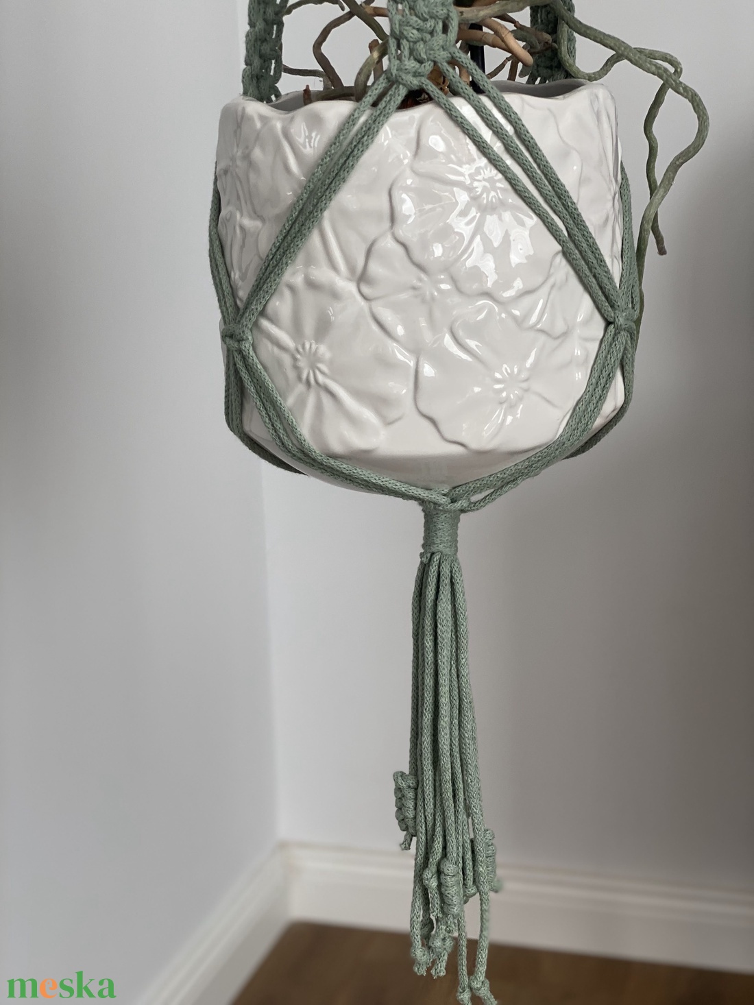 Virágtartó, makramé, almazöd színű - otthon & életmód - virágdekoráció - virágtartó - függő virágtartó - Meska.hu