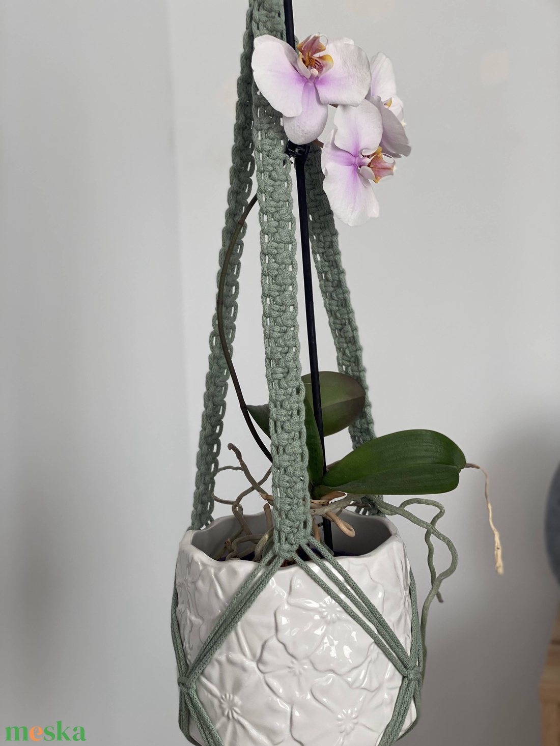 Virágtartó, makramé, almazöd színű - otthon & életmód - virágdekoráció - virágtartó - függő virágtartó - Meska.hu