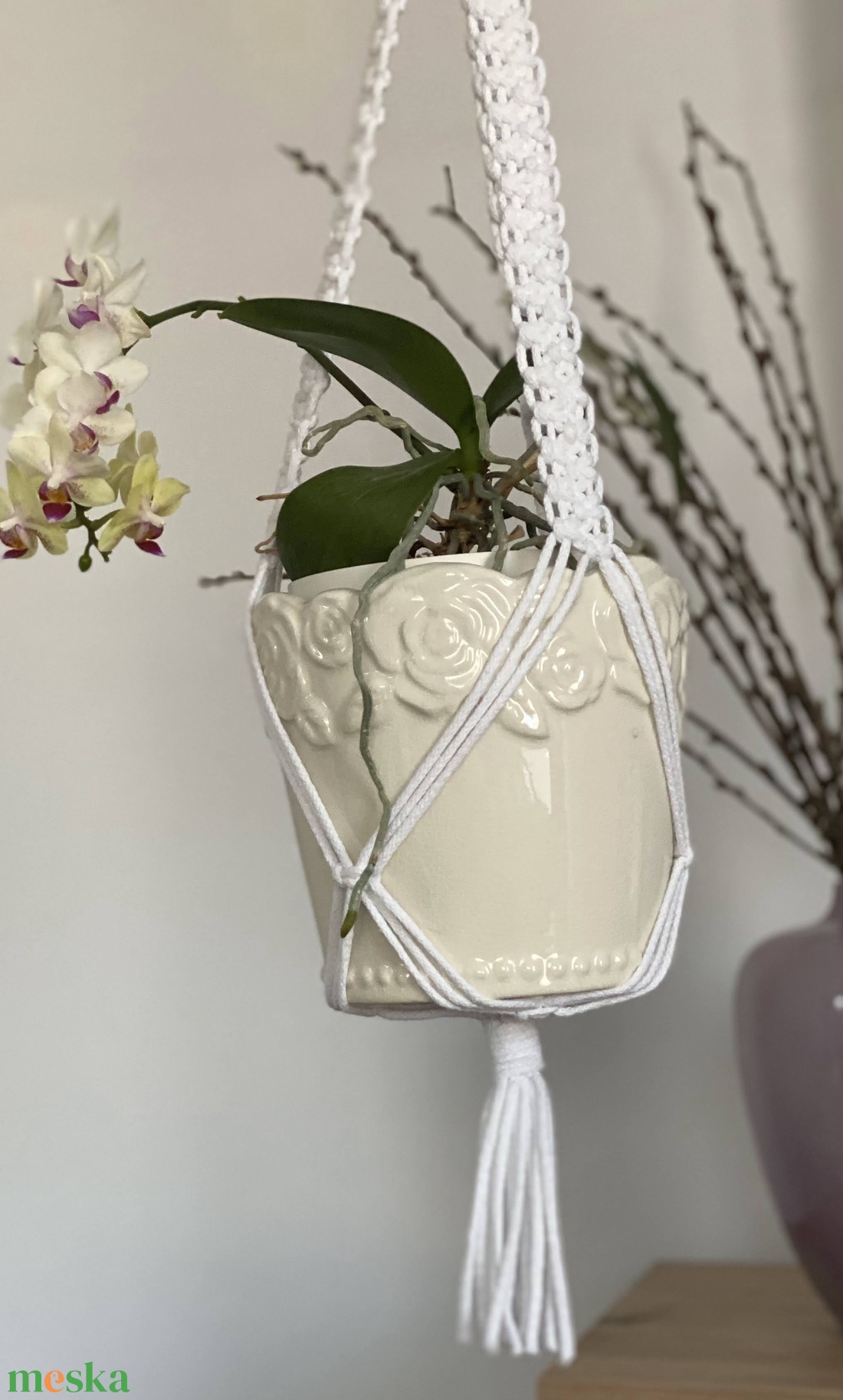 Virágtartó, makramé, hófehér - otthon & életmód - virágdekoráció - virágtartó - függő virágtartó - Meska.hu