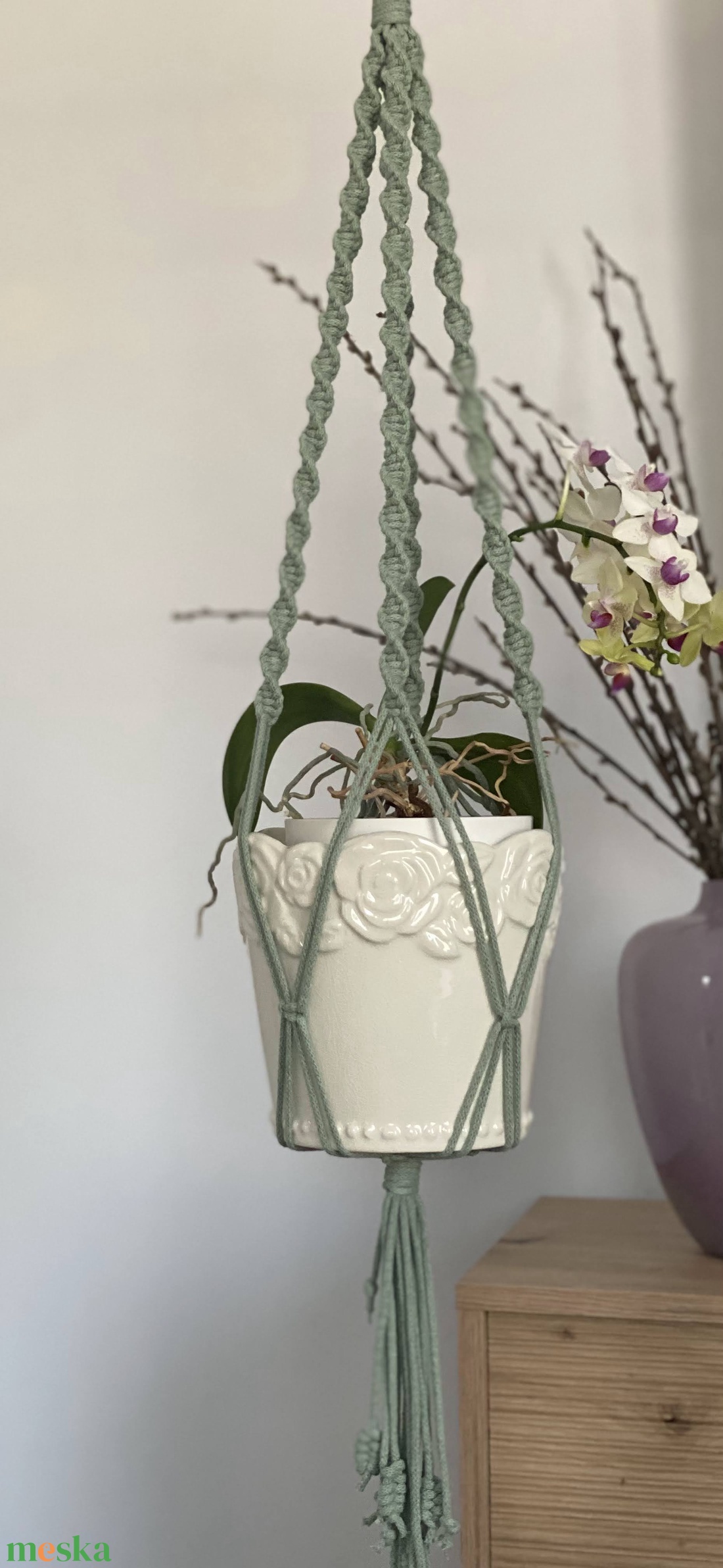 Virágtartó, makramé, menta - otthon & életmód - virágdekoráció - virágtartó - függő virágtartó - Meska.hu