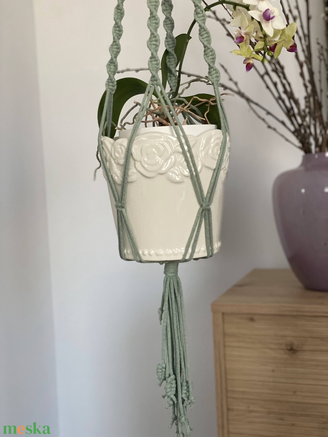 Virágtartó, makramé, menta - otthon & életmód - virágdekoráció - virágtartó - függő virágtartó - Meska.hu