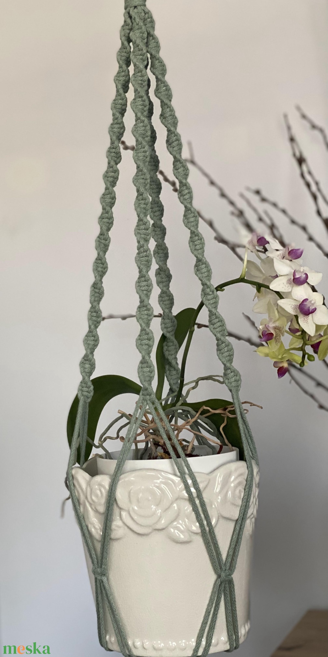 Virágtartó, makramé, menta - otthon & életmód - virágdekoráció - virágtartó - függő virágtartó - Meska.hu