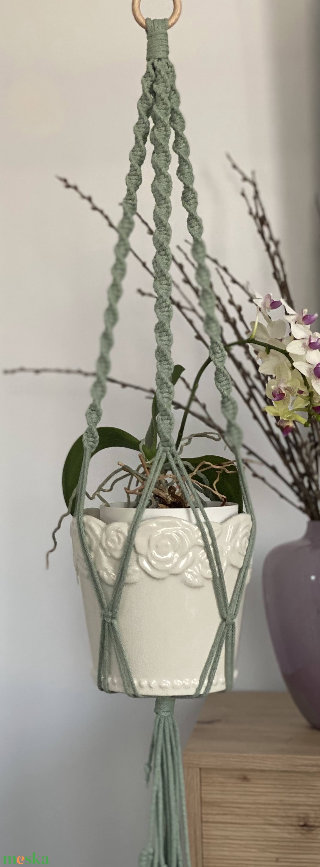 Virágtartó, makramé, menta - otthon & életmód - virágdekoráció - virágtartó - függő virágtartó - Meska.hu