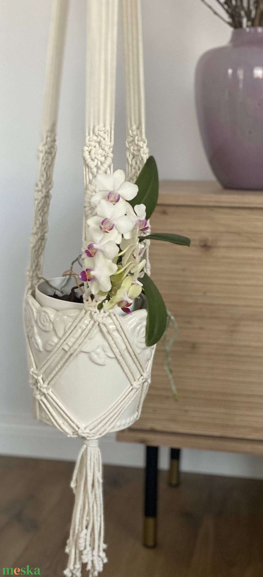 Virágtartó, makramé, világos bézs - otthon & életmód - virágdekoráció - virágtartó - függő virágtartó - Meska.hu