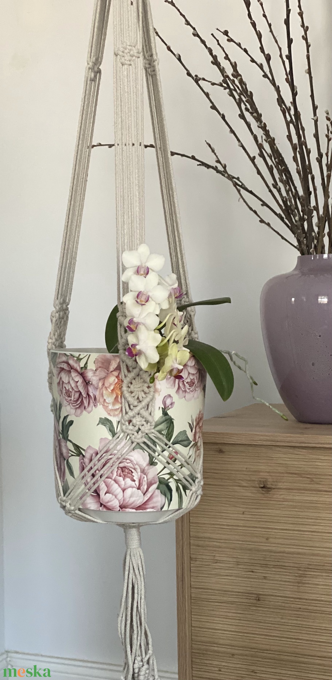 Virágtartó, makramé, bézs - otthon & életmód - virágdekoráció - virágtartó - függő virágtartó - Meska.hu