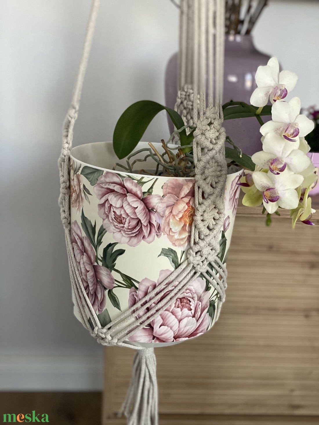 Virágtartó, makramé, bézs - otthon & életmód - virágdekoráció - virágtartó - függő virágtartó - Meska.hu