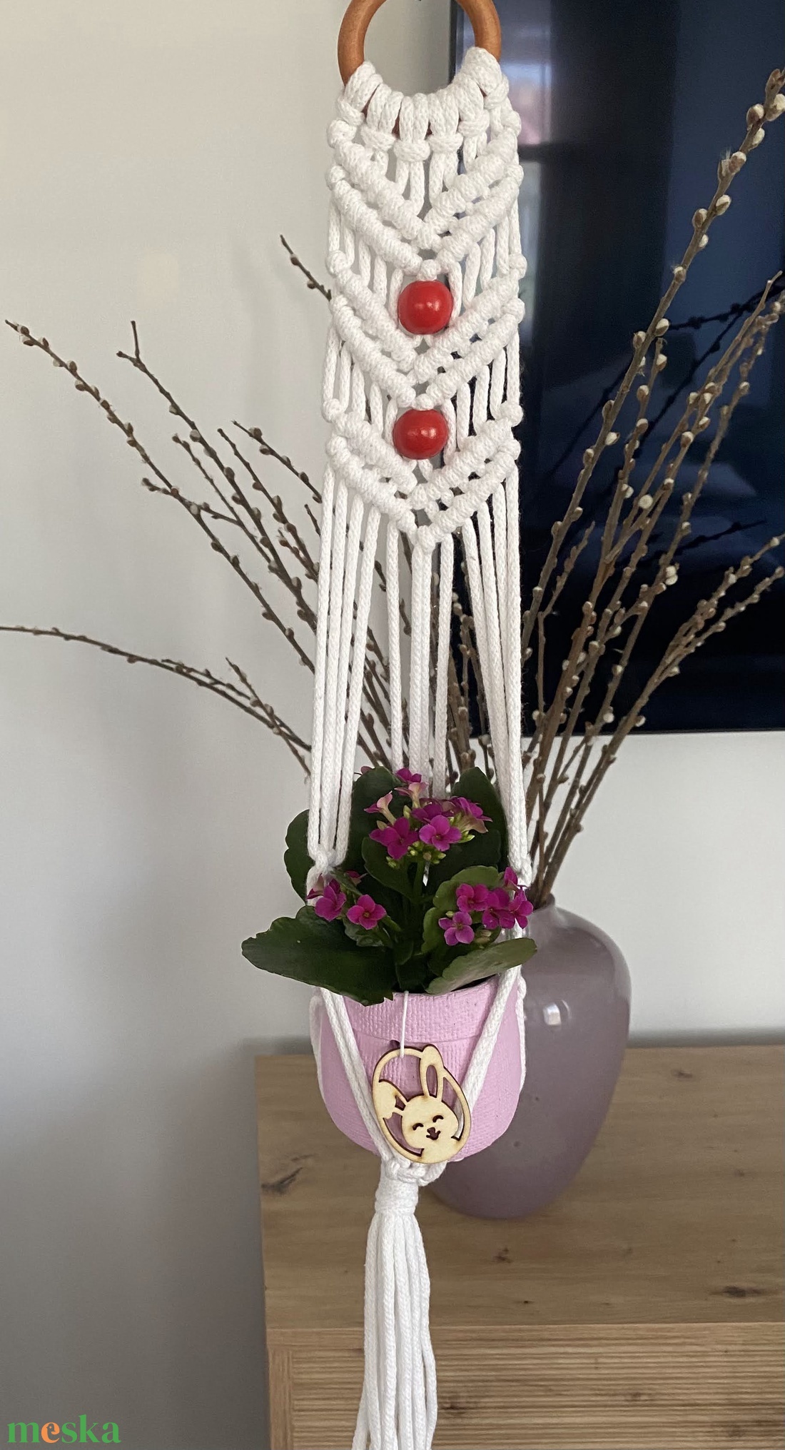 Virágtartó, makramé, fehér - otthon & életmód - virágdekoráció - virágtartó - függő virágtartó - Meska.hu
