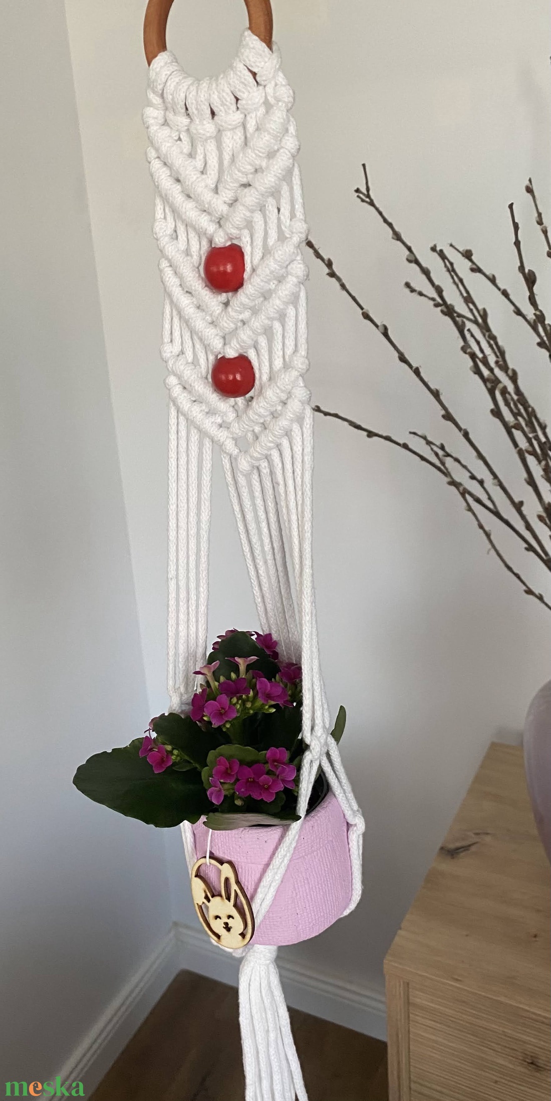 Virágtartó, makramé, fehér - otthon & életmód - virágdekoráció - virágtartó - függő virágtartó - Meska.hu