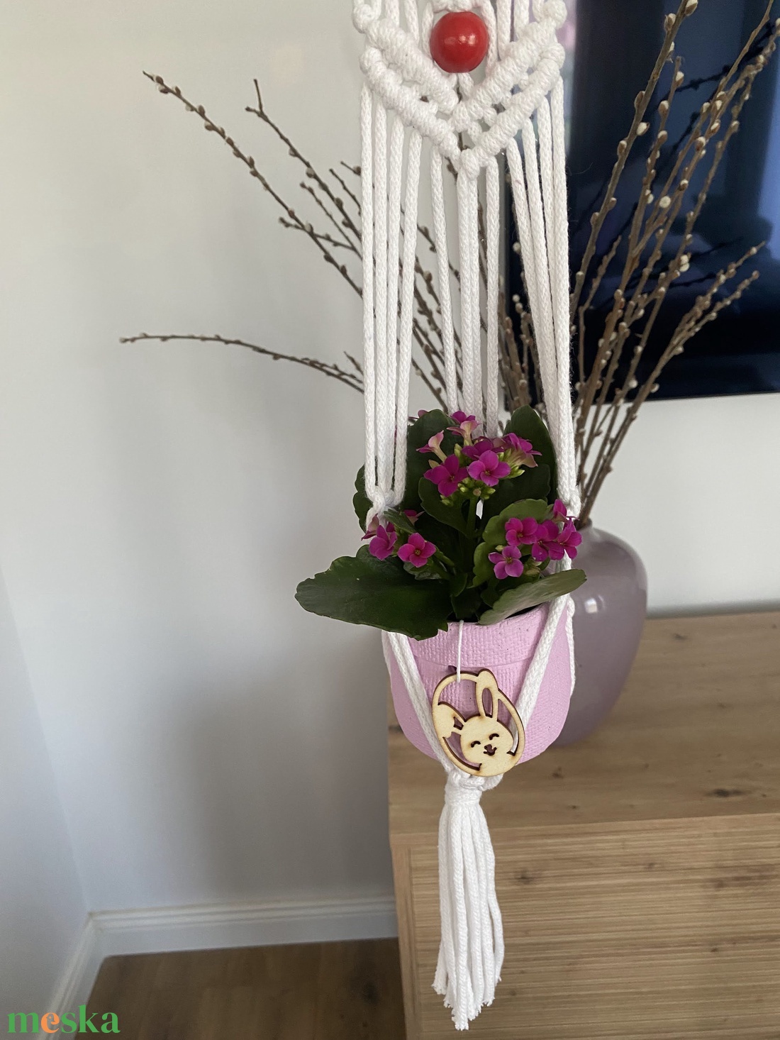 Virágtartó, makramé, fehér - otthon & életmód - virágdekoráció - virágtartó - függő virágtartó - Meska.hu