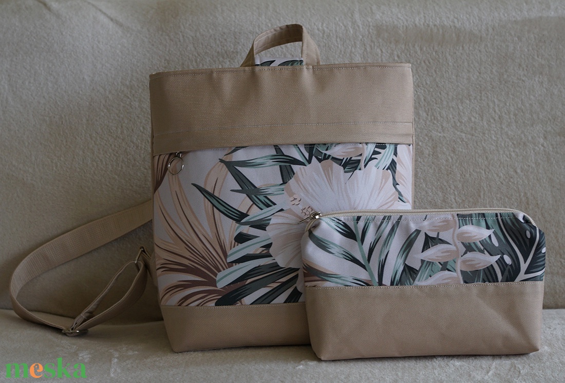 Hátizsák bézs-zöld mintás - táska & tok - hátizsák - hátizsák - Meska.hu