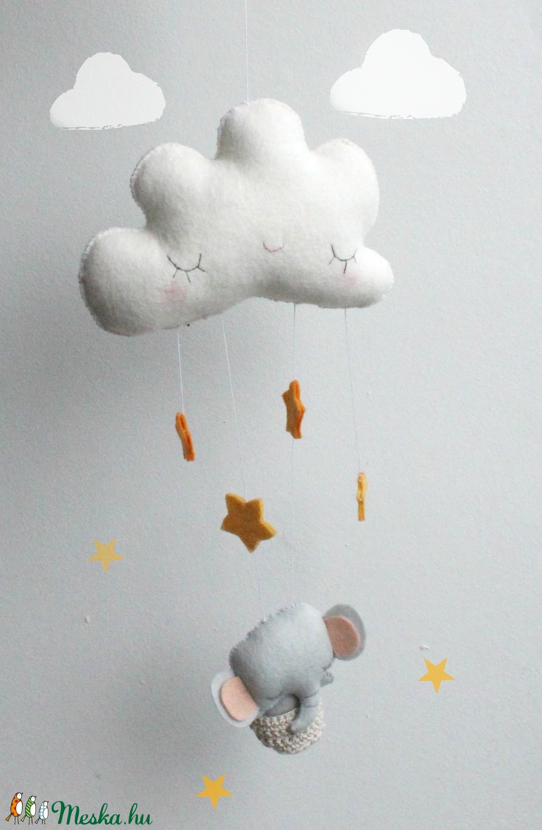 BABAFORGÓ, Elefántos babaszoba, Elefánt, Hőlégballon, Felhő, Kiságyforgó, Babaszoba, Kismama, Babaágy, Csillagok - baba - mama - baba játékok - kiságyforgó - Meska.hu