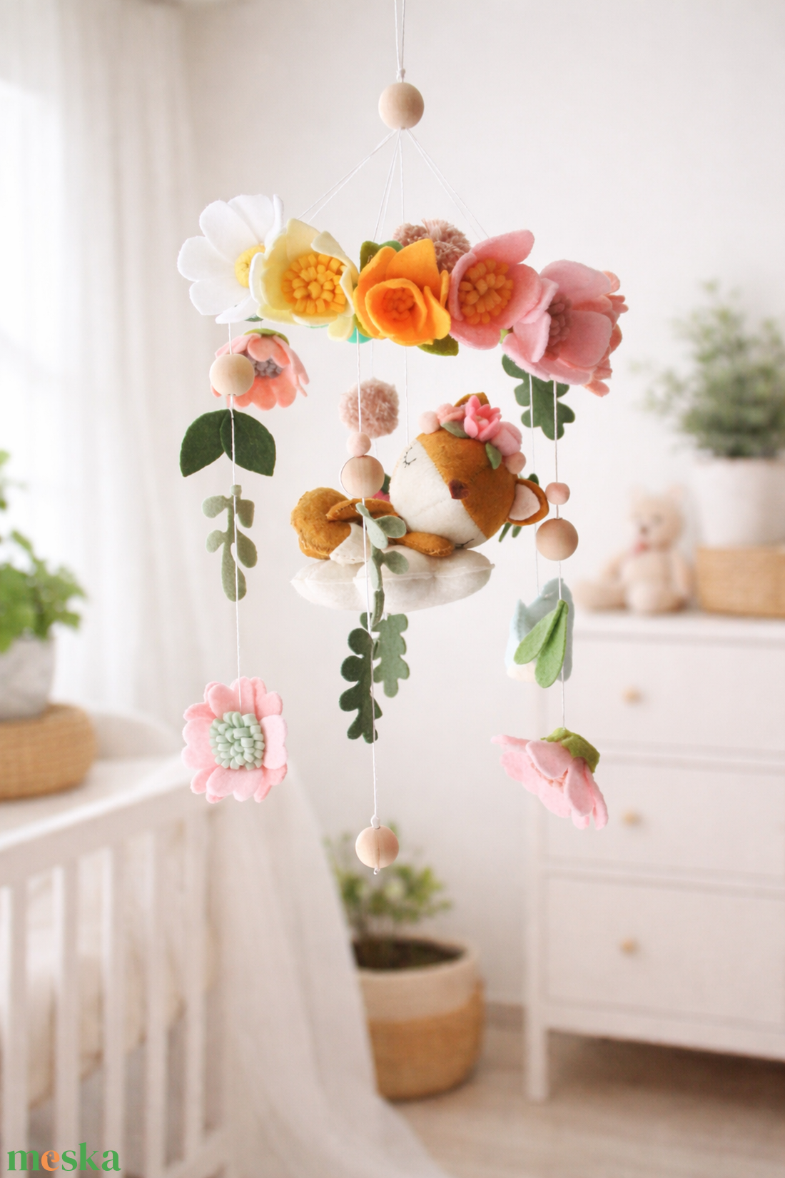 ERDEI BABAFORGÓ, Róka, virágos kiságyforgó, babaváró ajándék, babaszoba dekoráció - baba - mama - baba játékok - kiságyforgó - Meska.hu