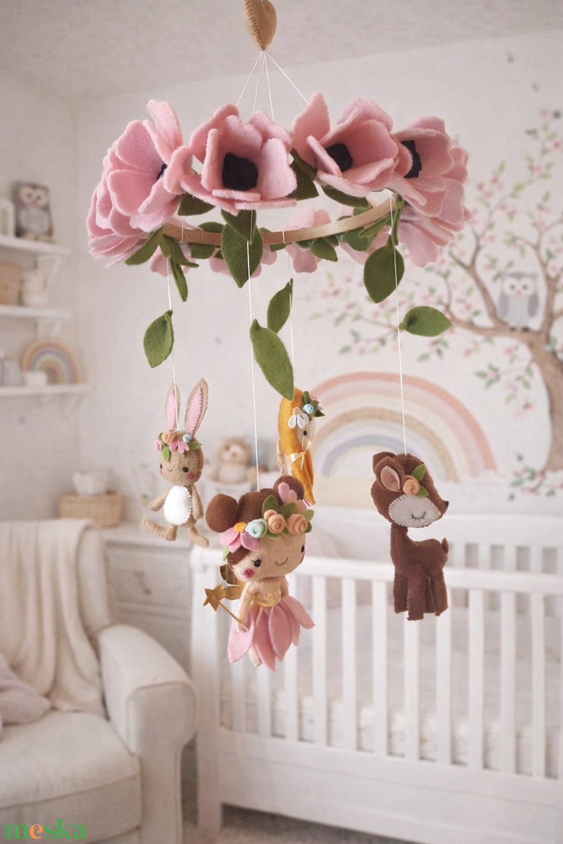 Tündéres Babaforgó, Kiságy forgó, Tündér, Virág, Mező, Babaszoba, KIsmama, Babaváró, Lánybaba, baba, kiságy, babaágy - baba - mama - babalátogató ajándékcsomag - Meska.hu