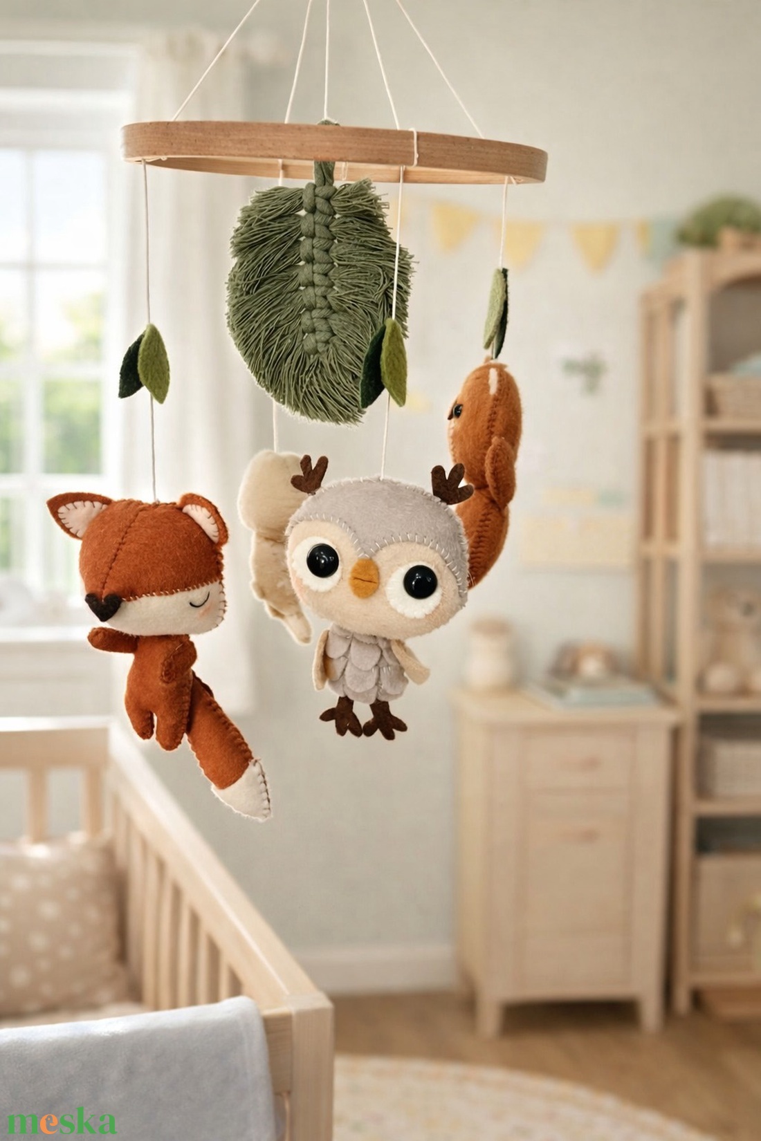 Babaforgó Erdei állatok - Bagoly - Róka - Medve - Nyuszi - Kézműves termék Mancsicsi műhelyéből  - baba - mama - baba játékok - kiságyforgó - Meska.hu