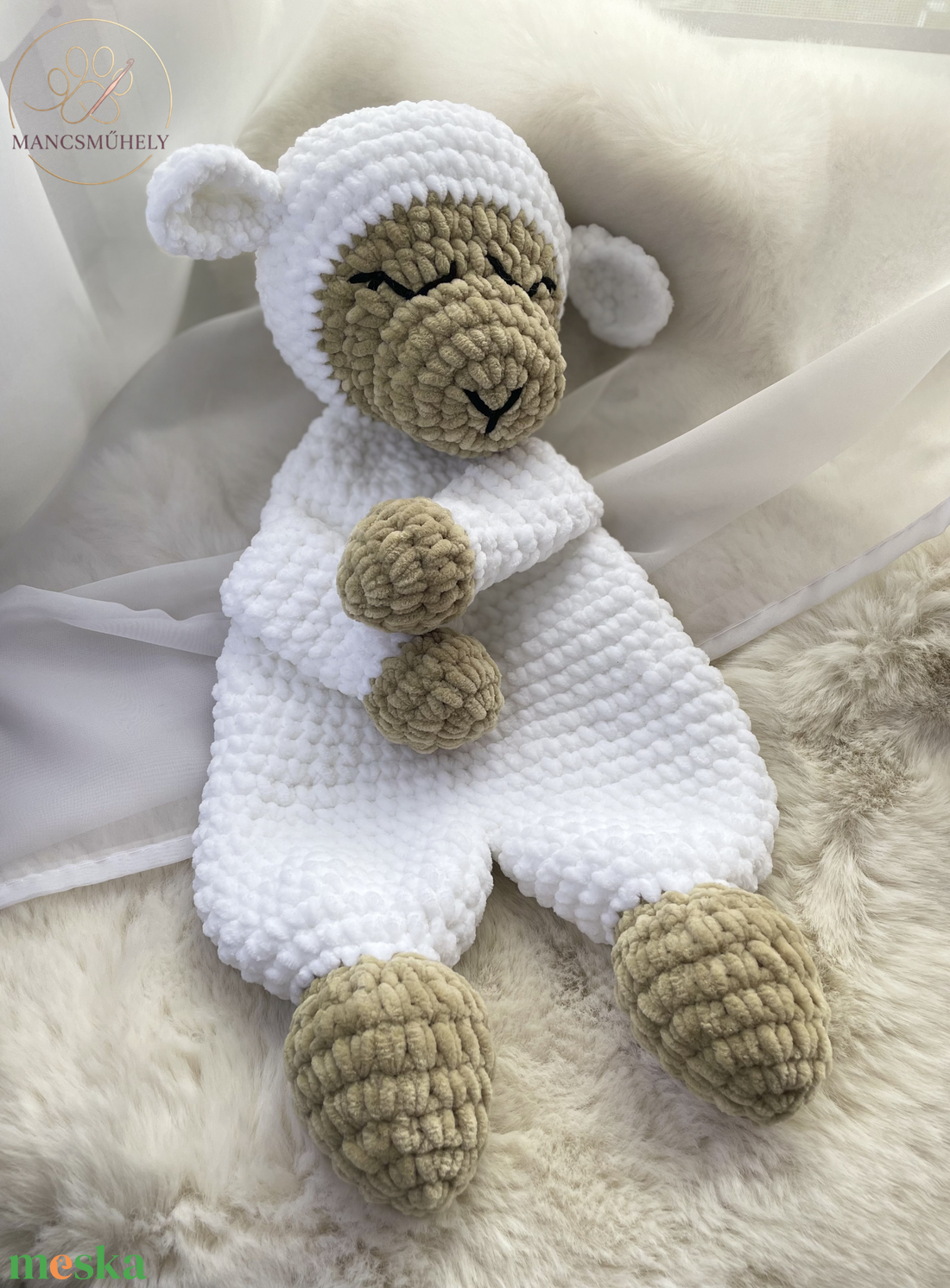 Horgolt bárányos szundipajtás  - baba - mama - baba játékok - szundikendő, alvóka - Meska.hu