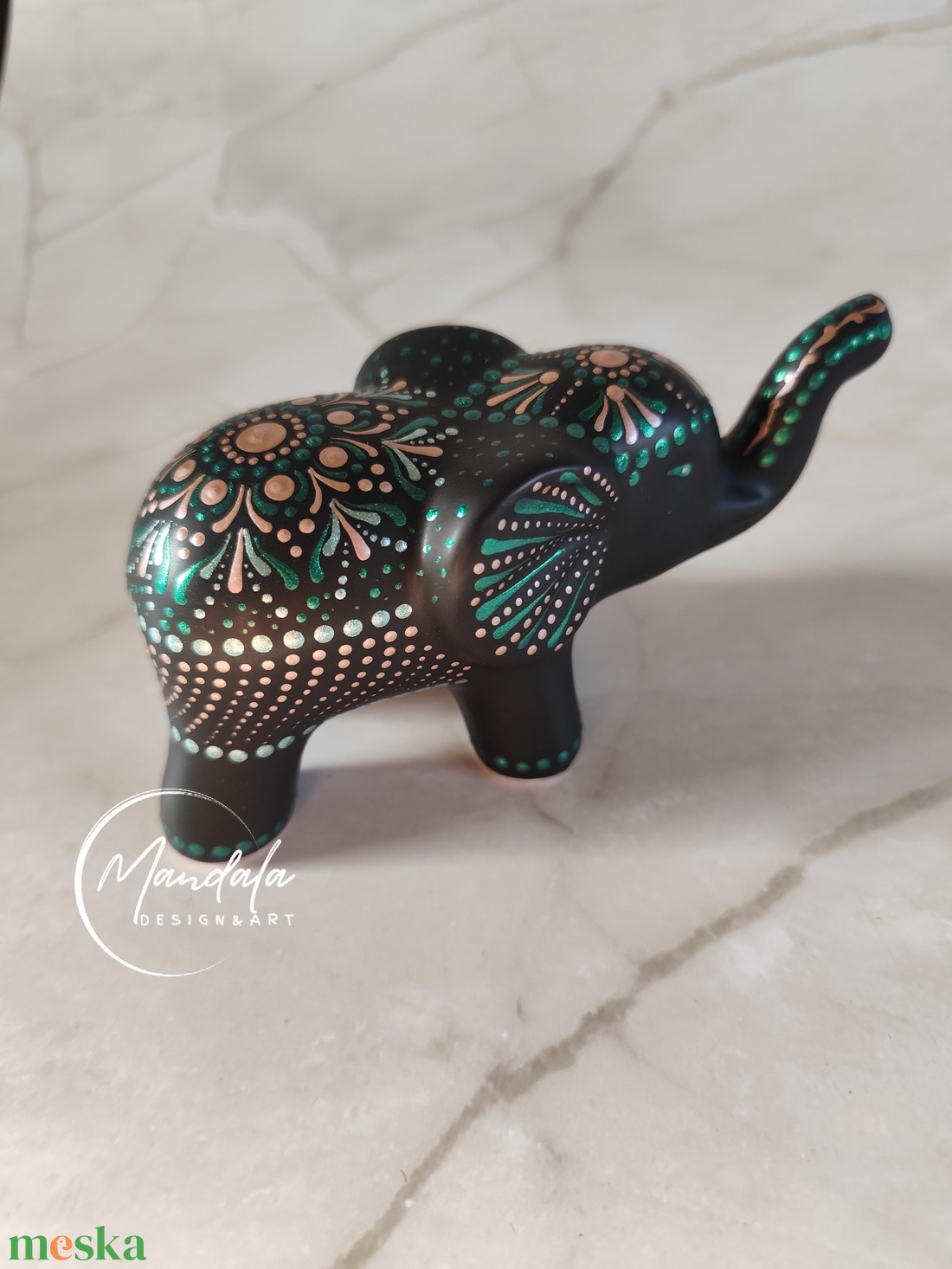 Szerencsehozó porcelán elefánt mandala mintával smaragd és rózsaarany színben - otthon & életmód - dekoráció - dísztárgy - Meska.hu