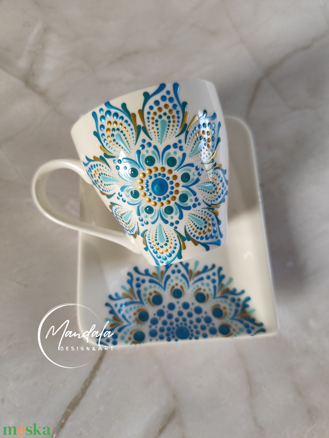 Kézzel festett mandala kávésbögre tálkával, egyedi porcelán bögre kék arany - otthon & életmód - konyhafelszerelés, tálalás - tálalás - teás- és kávés pohár, készlet - Meska.hu