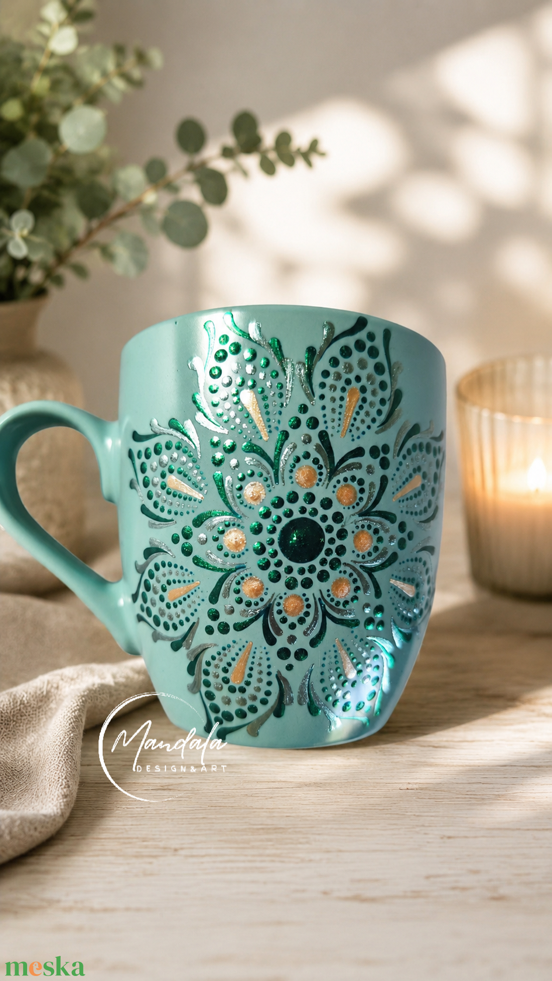 Kézzel festett mandala teásbögre, egyedi porcelán bögre smaragd, pezsgő színben  - otthon & életmód - konyhafelszerelés, tálalás - tálalás - teás- és kávés pohár, készlet - Meska.hu