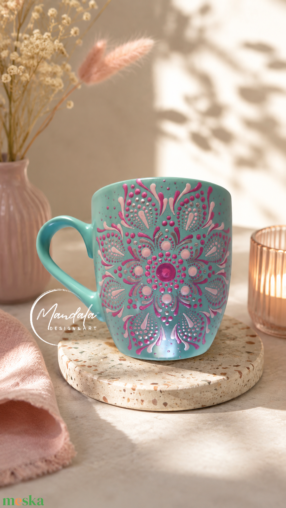 Kézzel festett mandala teásbögre, egyedi porcelán bögre magenta  - otthon & életmód - konyhafelszerelés, tálalás - tálalás - teás- és kávés pohár, készlet - Meska.hu