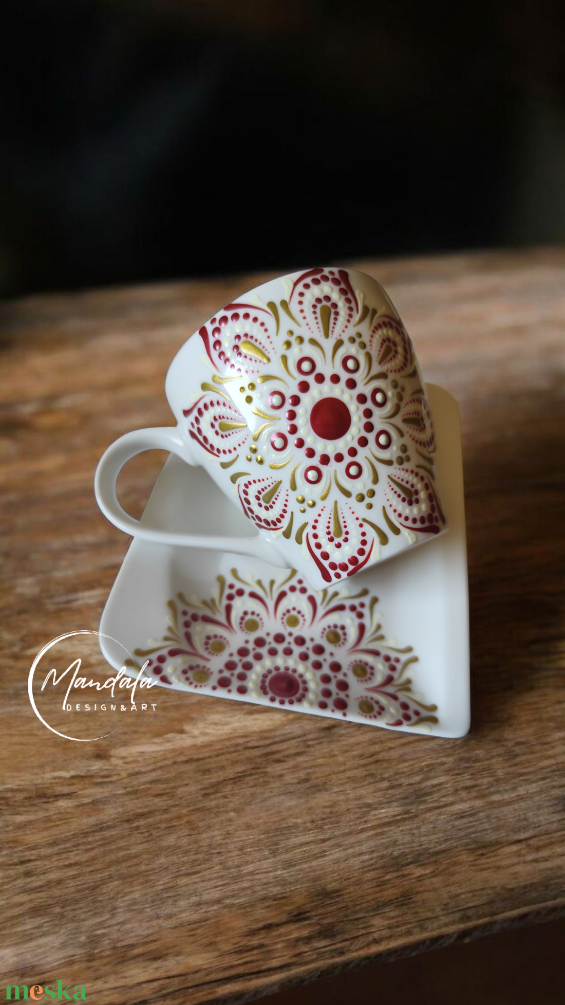 Kézzel festett mandala kávés/cappuccinos bögre tálkával bordó, bézs, arany  - otthon & életmód - konyhafelszerelés, tálalás - tálalás - teás- és kávés pohár, készlet - Meska.hu