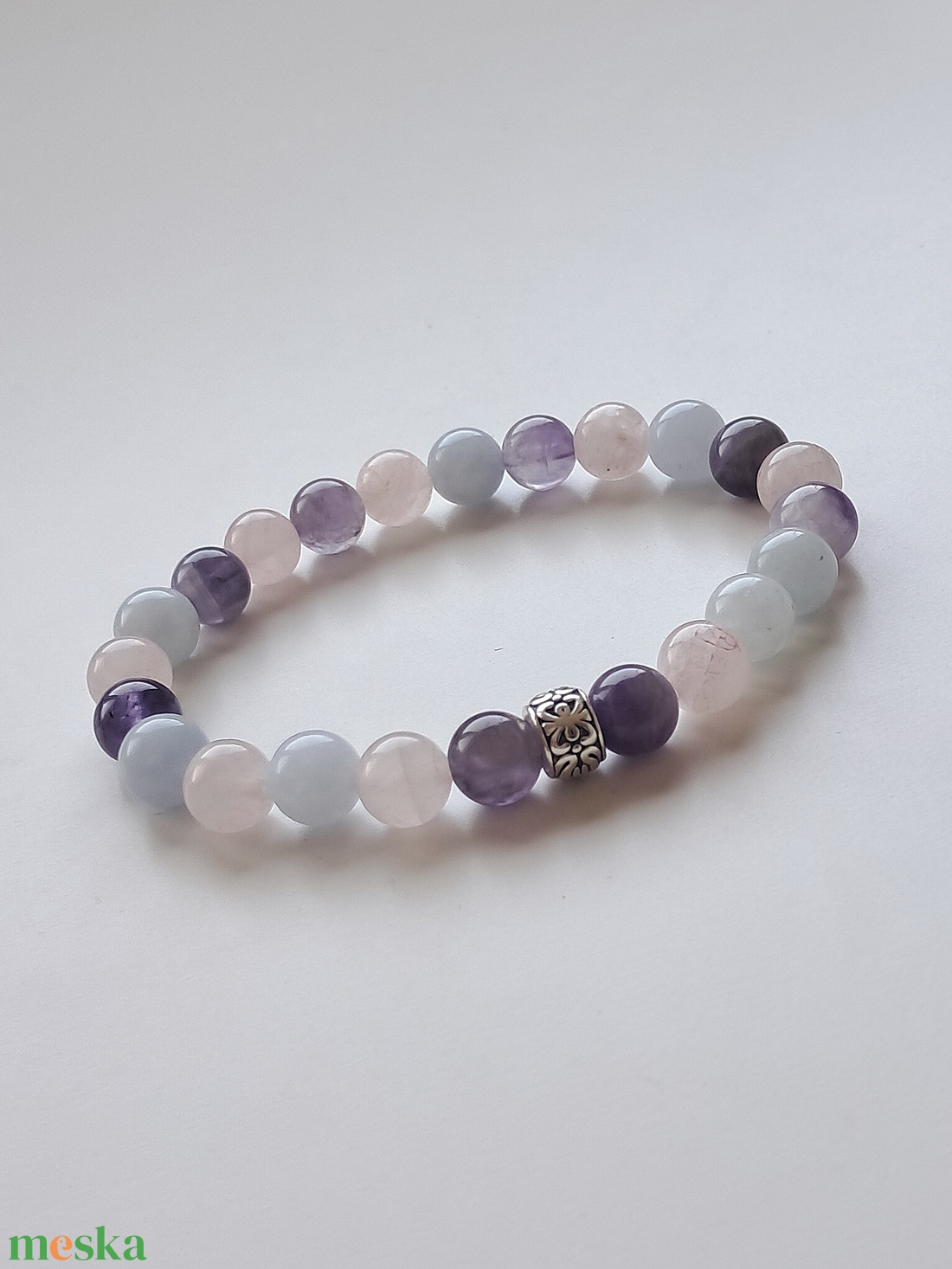 Ametiszt-akvamarin-rózsakvarc - ékszer - karkötő - ásványkarkötő - Meska.hu