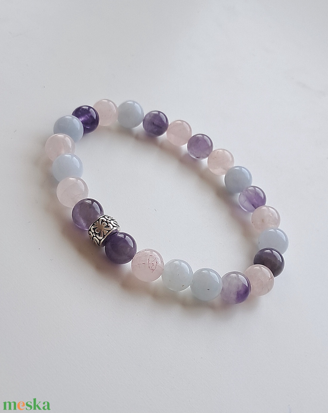 Ametiszt-akvamarin-rózsakvarc - ékszer - karkötő - ásványkarkötő - Meska.hu