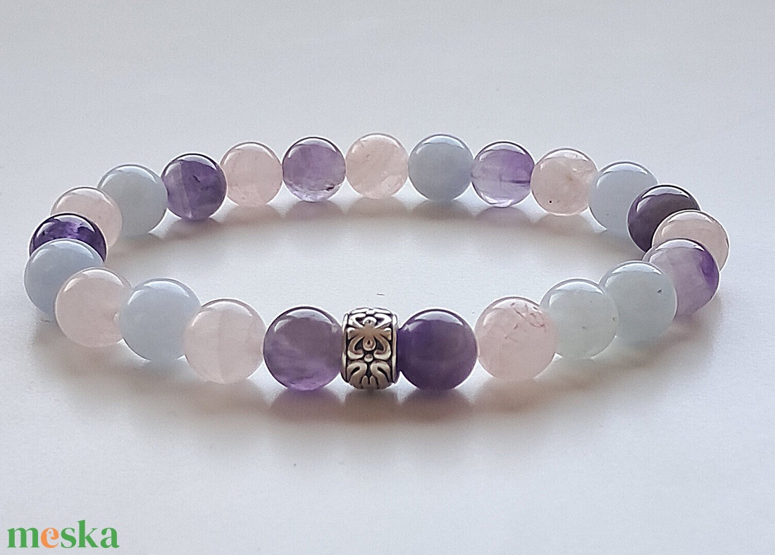 Ametiszt-akvamarin-rózsakvarc - ékszer - karkötő - ásványkarkötő - Meska.hu