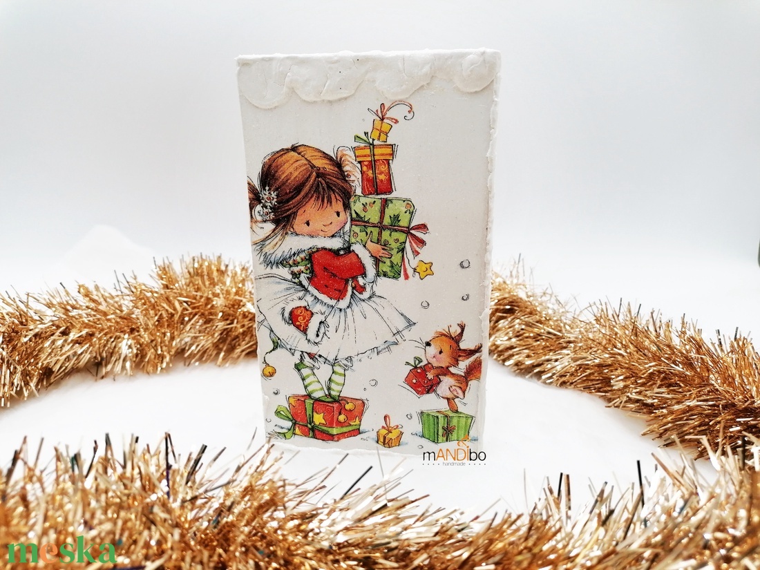 Karácsonyi álló deszkakép dekoráció - Angyalka mókussal - karácsony - karácsonyi lakásdekoráció - karácsonyi lakásdíszek - Meska.hu