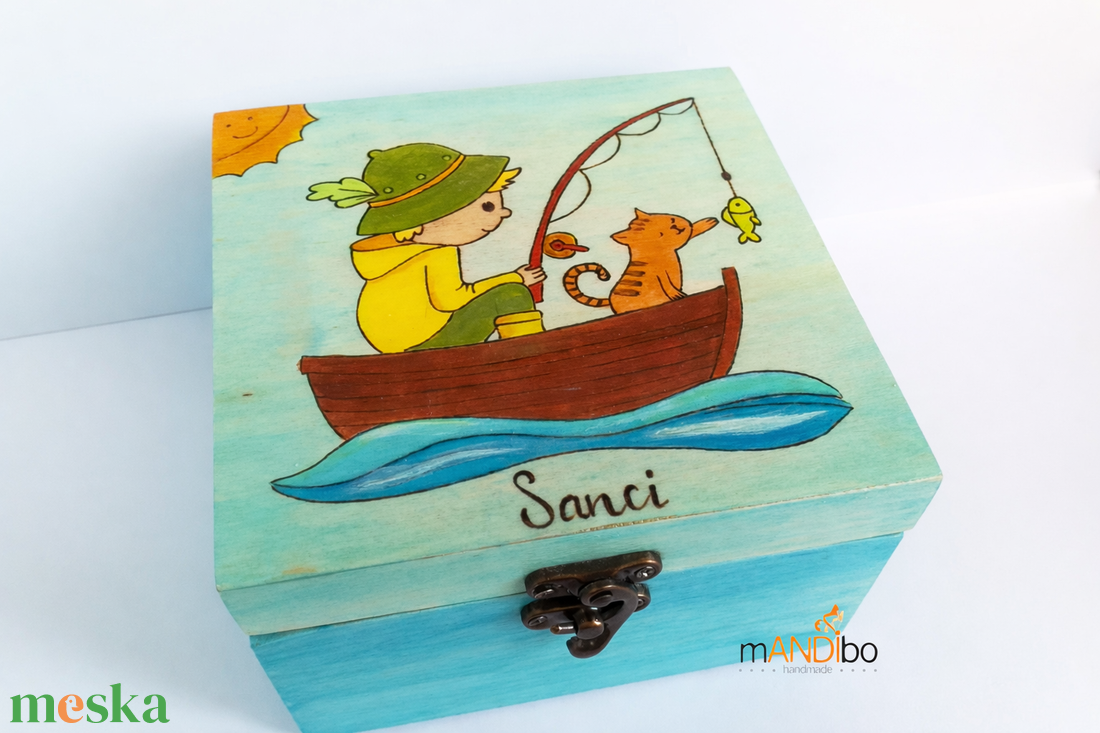 Fiús horgászos cicás kincsesláda - doboz - ékszer - ékszertartó - ékszerdoboz - Meska.hu
