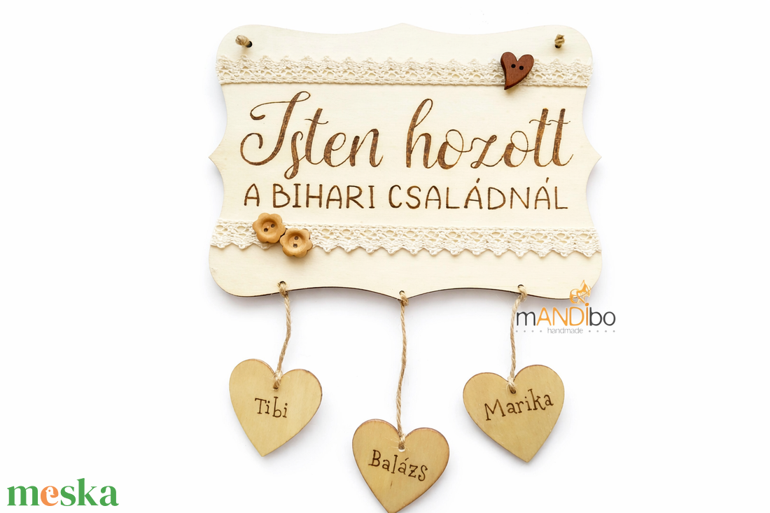 Isten hozott / Édes otthon pirogravírozott családi névtábla szívekkel - otthon & életmód - ház & kert - névtábla - Meska.hu