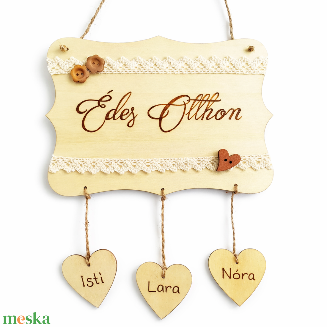 Isten hozott / Édes otthon pirogravírozott családi névtábla szívekkel - otthon & életmód - ház & kert - névtábla - Meska.hu