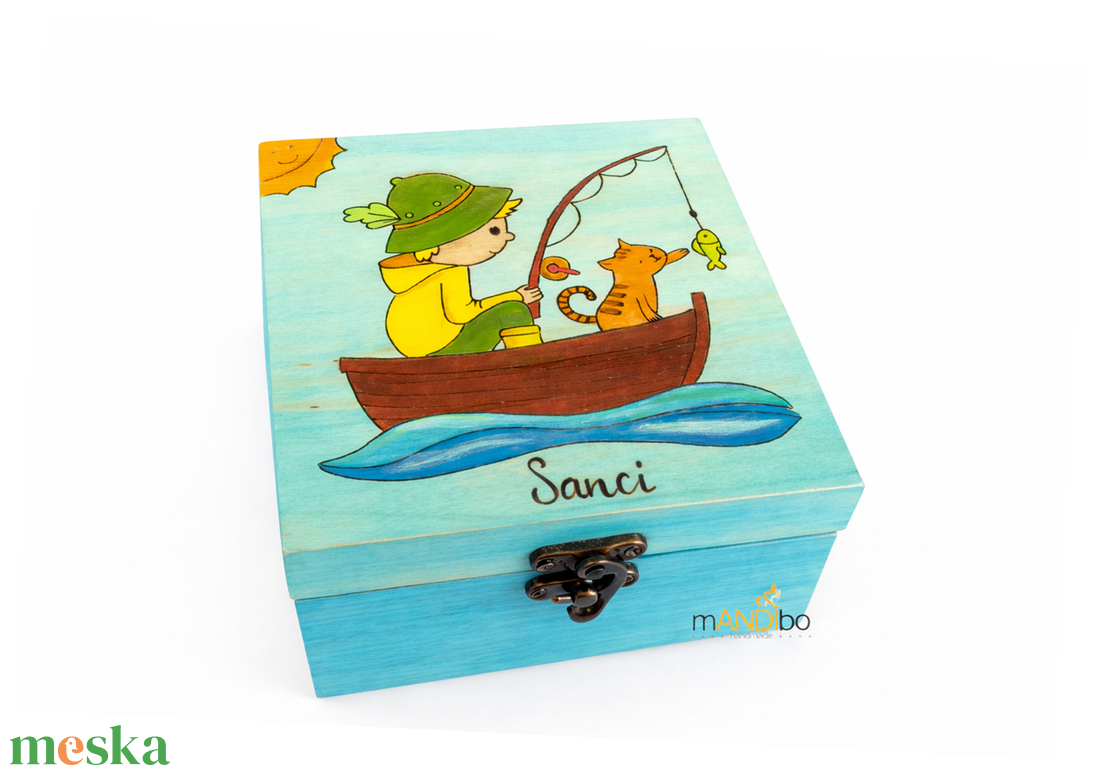 Fiús horgászos cicás kincsesláda - doboz - ékszer - ékszertartó - ékszerdoboz - Meska.hu