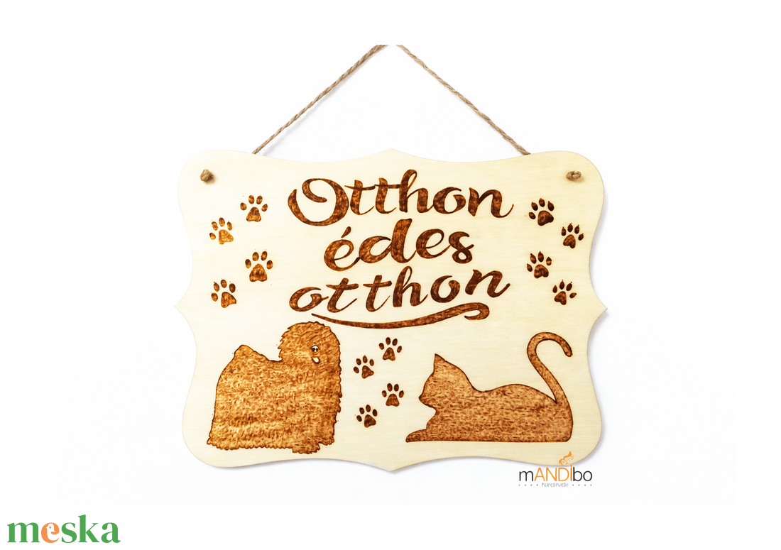 Otthon édes otthon kutyás - macskás kopogtató - pirogravírozott képecske - otthon & életmód - dekoráció - ajtó- és ablak dekoráció - ajtótábla - Meska.hu