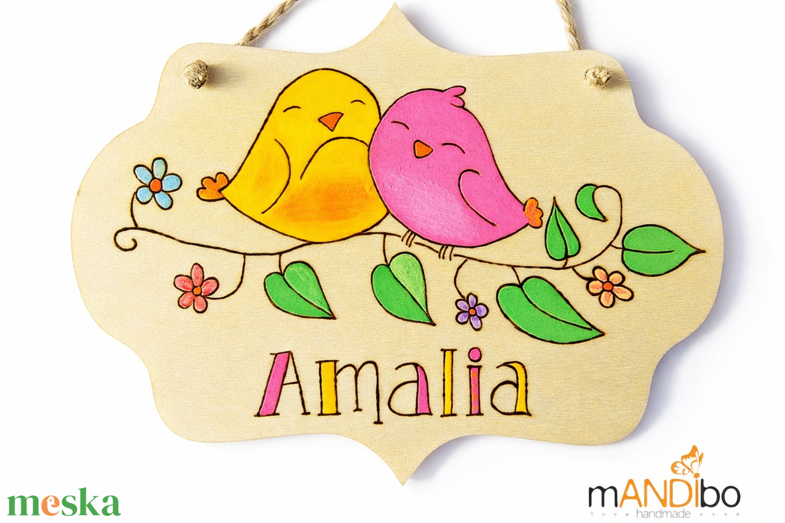Madárkás gyerekszoba ajtajára készült pirogravírozott kép  - baba - mama - babaszoba dekoráció - gyerek névtábla - Meska.hu
