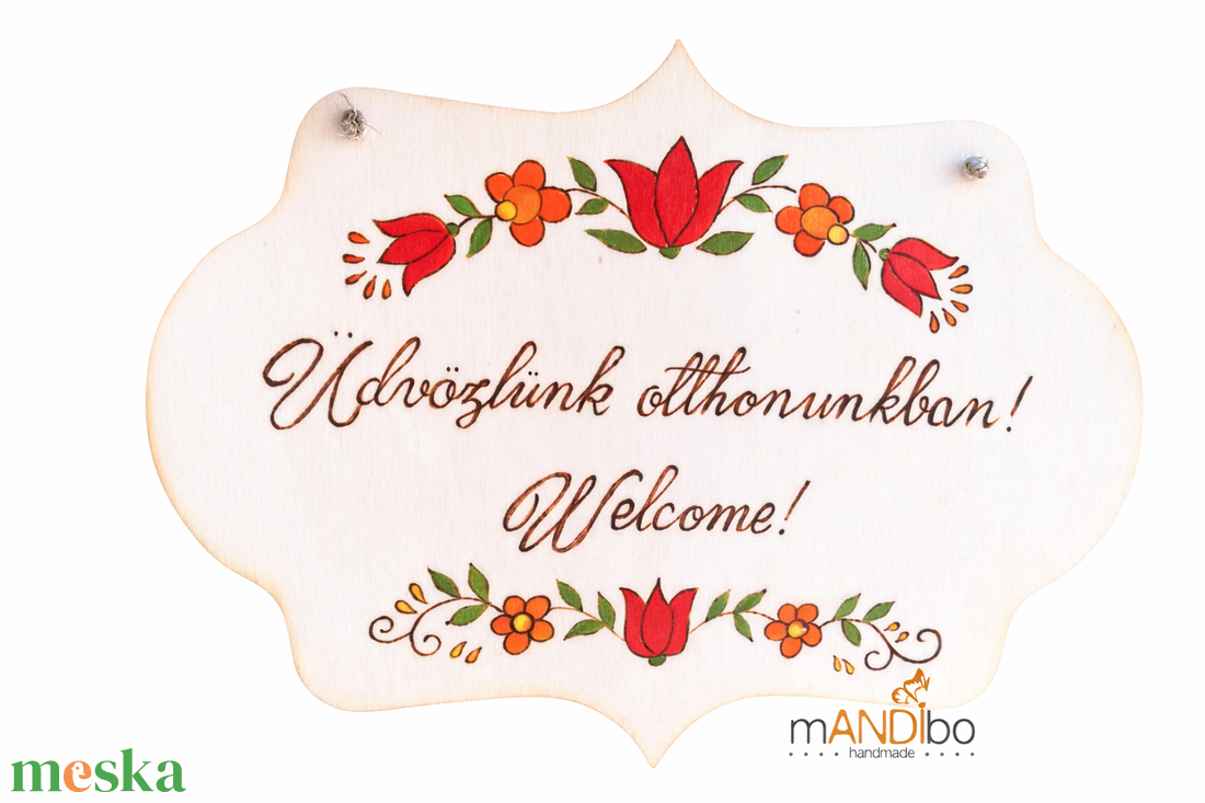 Üdvözlünk otthonunkban -Welcome virágmintás kopogtató - pirogravírozott képecske - otthon & életmód - dekoráció - ajtó- és ablak dekoráció - ajtótábla - Meska.hu
