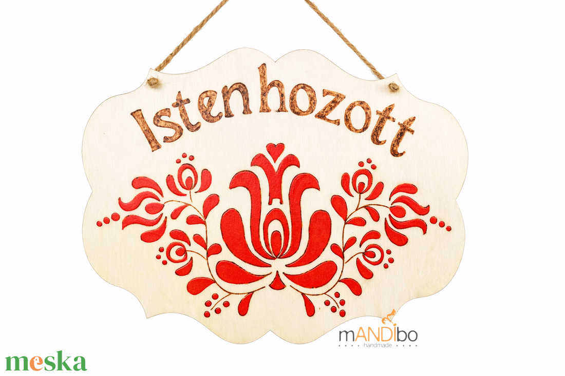Népies Isten hozott magyaros mintás kopogtató - pirogravírozott képecske - otthon & életmód - dekoráció - ajtó- és ablak dekoráció - ajtótábla - Meska.hu