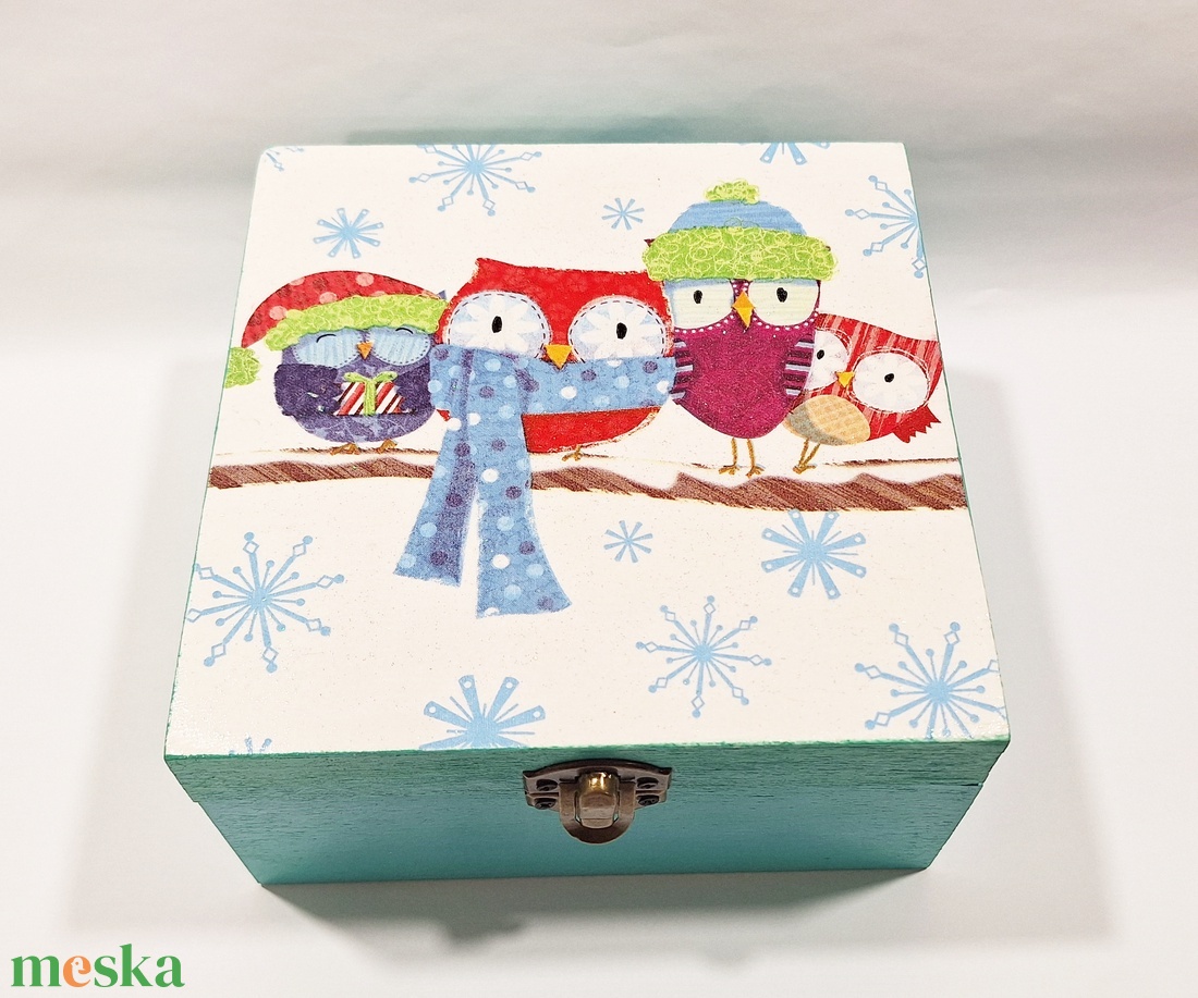 Téli baglyos doboz � kézzel díszített fa tárolódoboz - karácsony - karácsonyi lakásdekoráció - karácsonyi lakásdíszek - Meska.hu