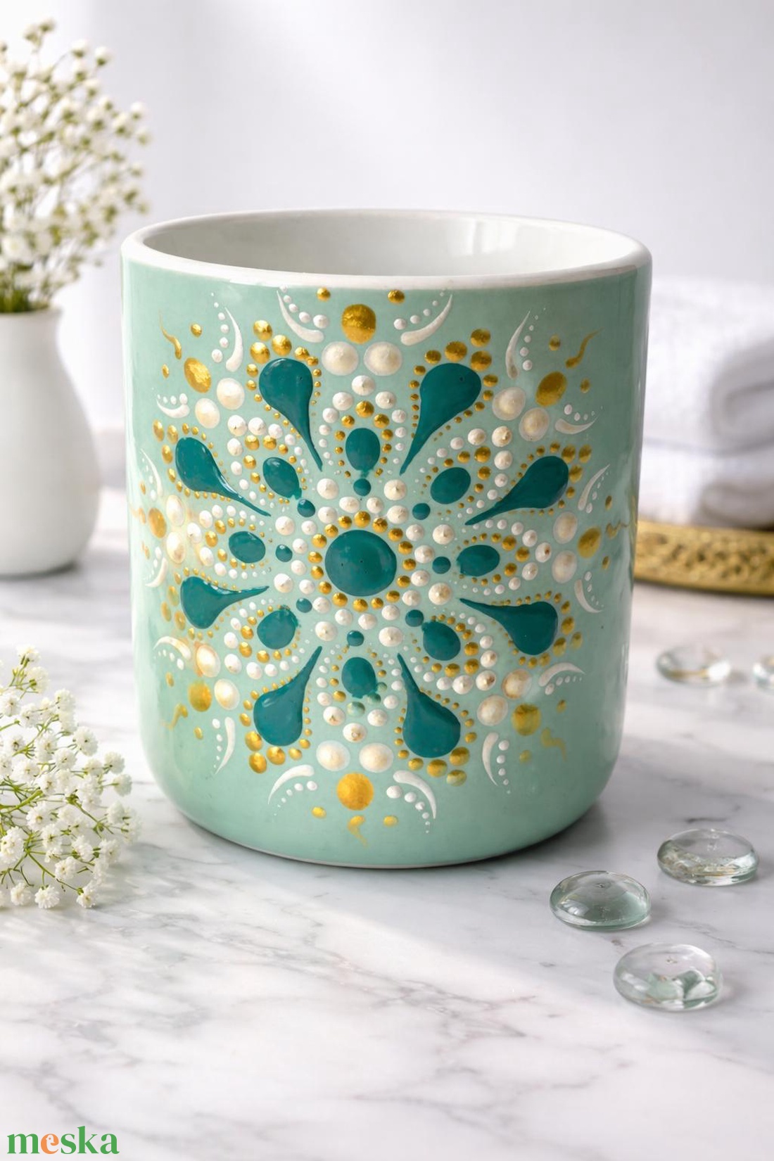  Türkiz pontozott mintás bögre - otthon & életmód - konyhafelszerelés, tálalás - tálalás - teás- és kávés pohár, készlet - Meska.hu