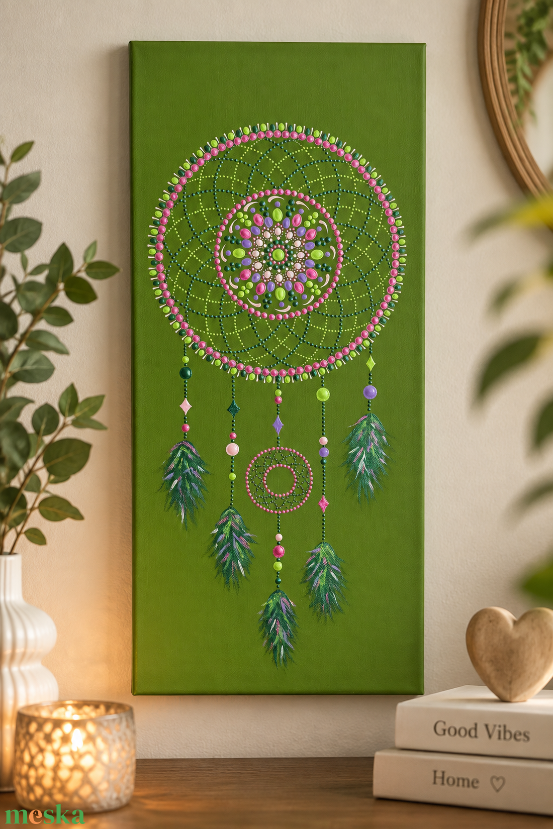 Zöld pontozott álomfogó - otthon & életmód - dekoráció - spiritualitás - mandala - Meska.hu