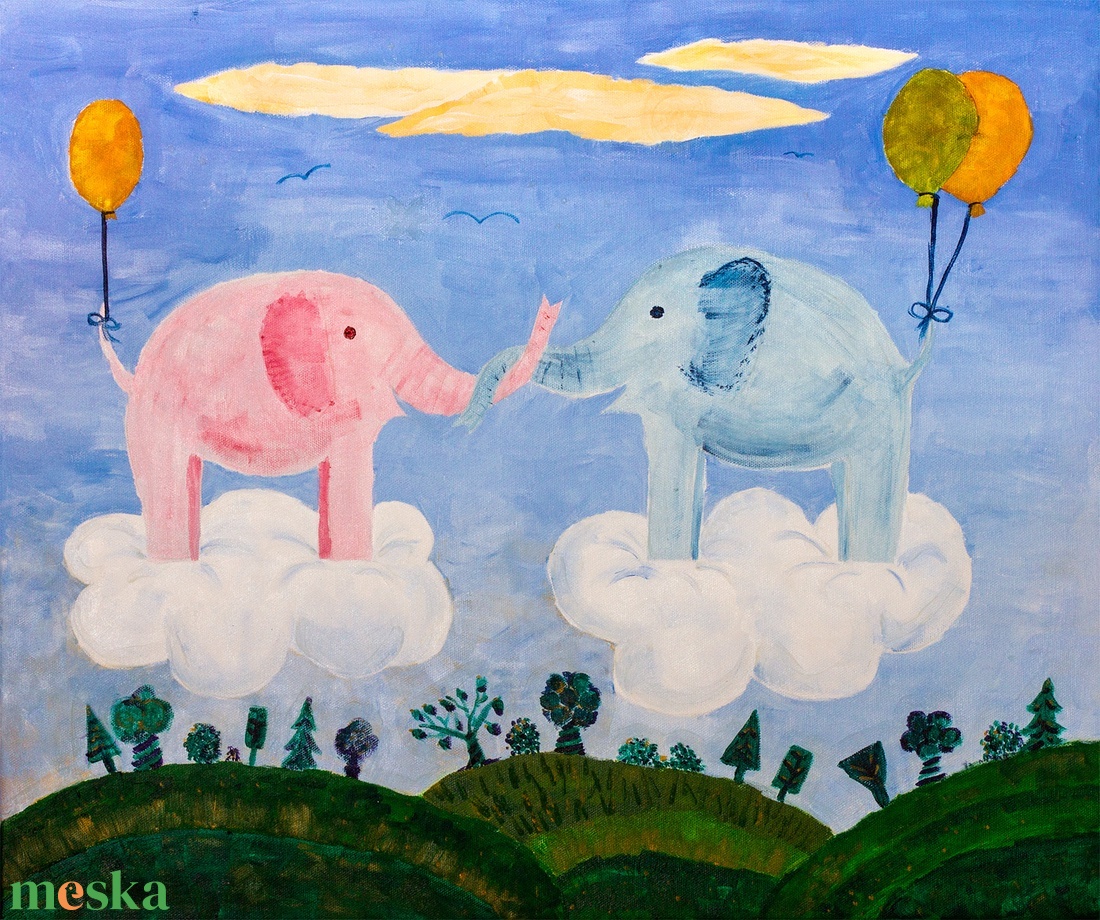 Felhőn repülő elefántok, sötétben világító egyedi akrilfestmény - otthon & lakás - babaszoba, gyerekszoba - babaszoba kép - Meska.hu