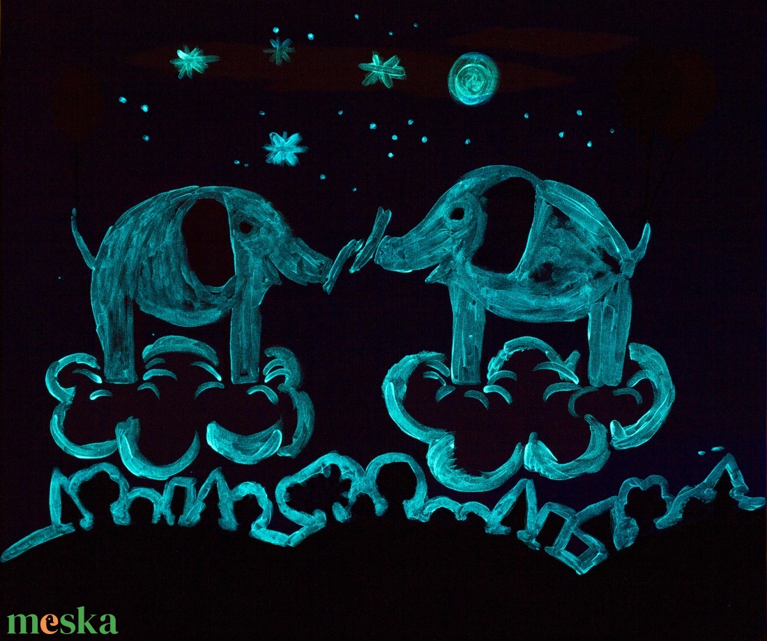 Felhőn repülő elefántok, sötétben világító egyedi akrilfestmény - otthon & lakás - babaszoba, gyerekszoba - babaszoba kép - Meska.hu