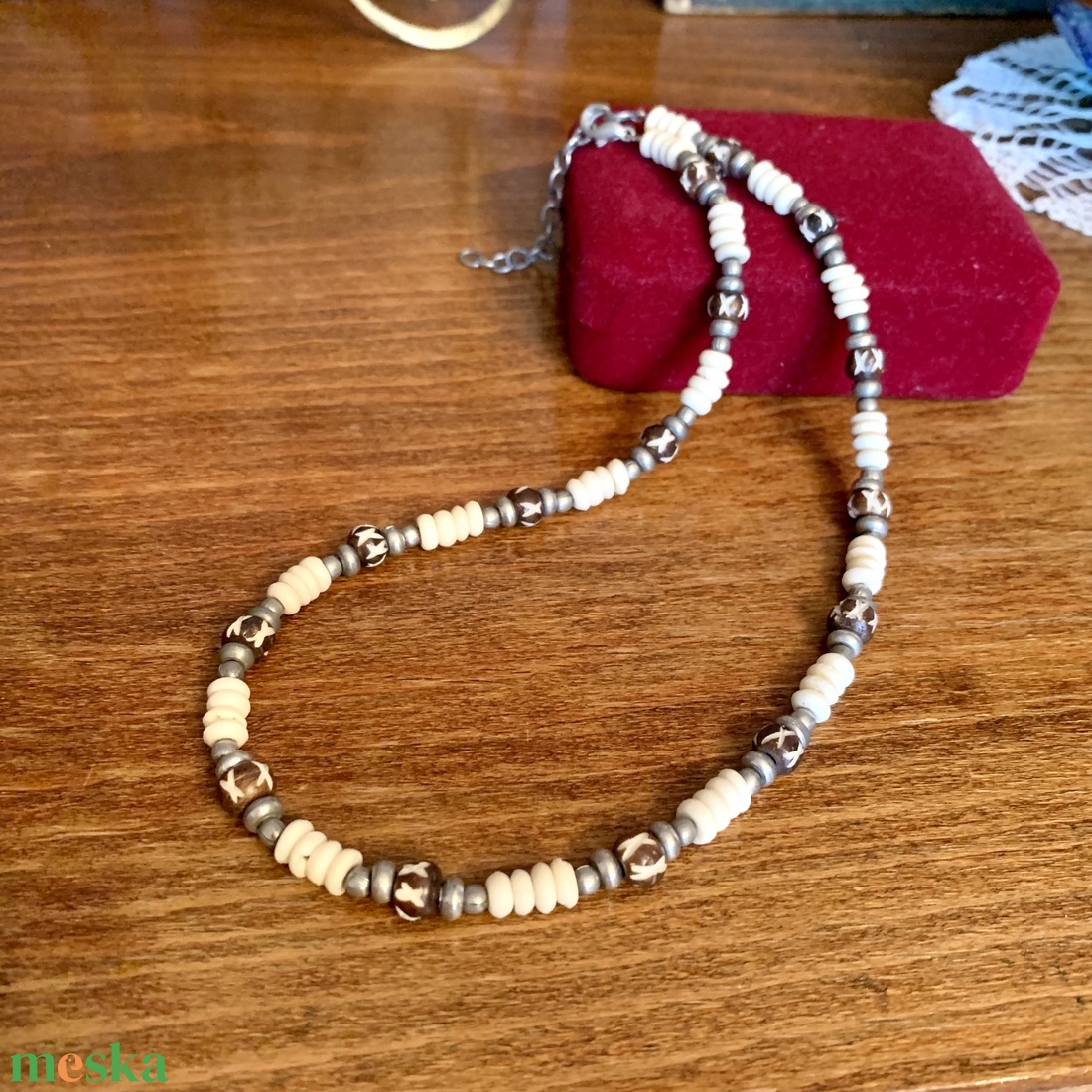 Vintage Férfi nyaklánc 42+5cm, csont fa fém nyaklánc férfiaknak, retro férfi ékszer - ékszer - nyaklánc - medál nélküli nyaklánc - Meska.hu